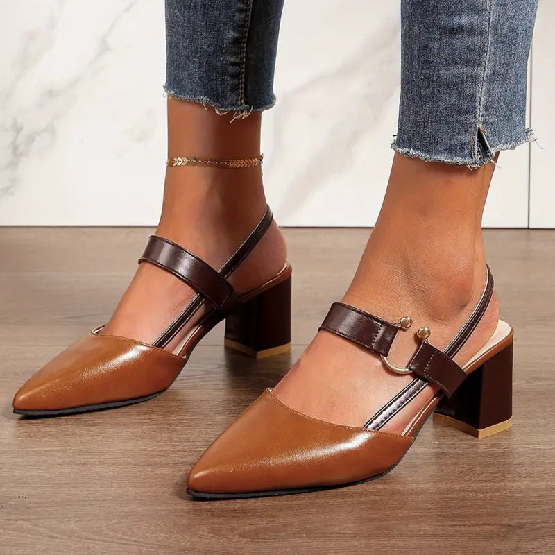 🔥Last Day Promotion 50% OFF - Women's Pointed Toe Block Leather High Heel Sandals