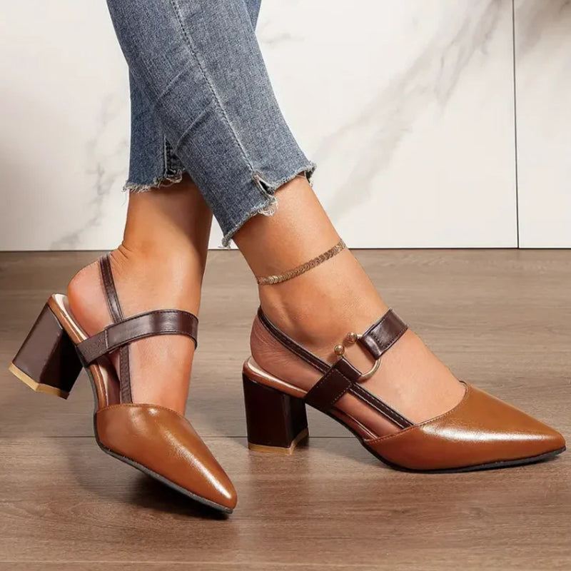 🔥Last Day Promotion 50% OFF - Women's Pointed Toe Block Leather High Heel Sandals