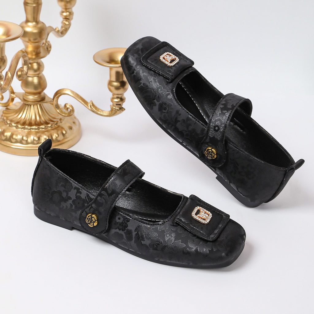 Foot comfort – Square-toe floral buckle retro low-cut shoes