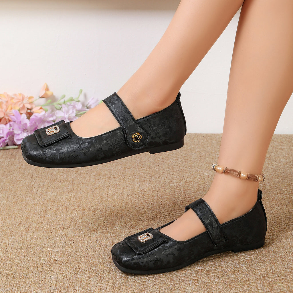 Foot comfort – Square-toe floral buckle retro low-cut shoes