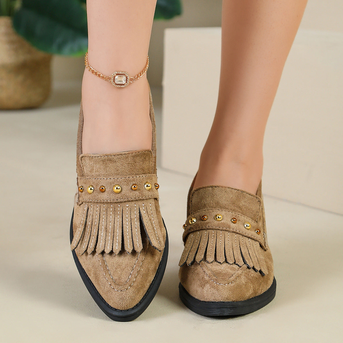 Tassel Pointed-Toe Studded Loafers ( BUY 2 FREE SHIPPING )