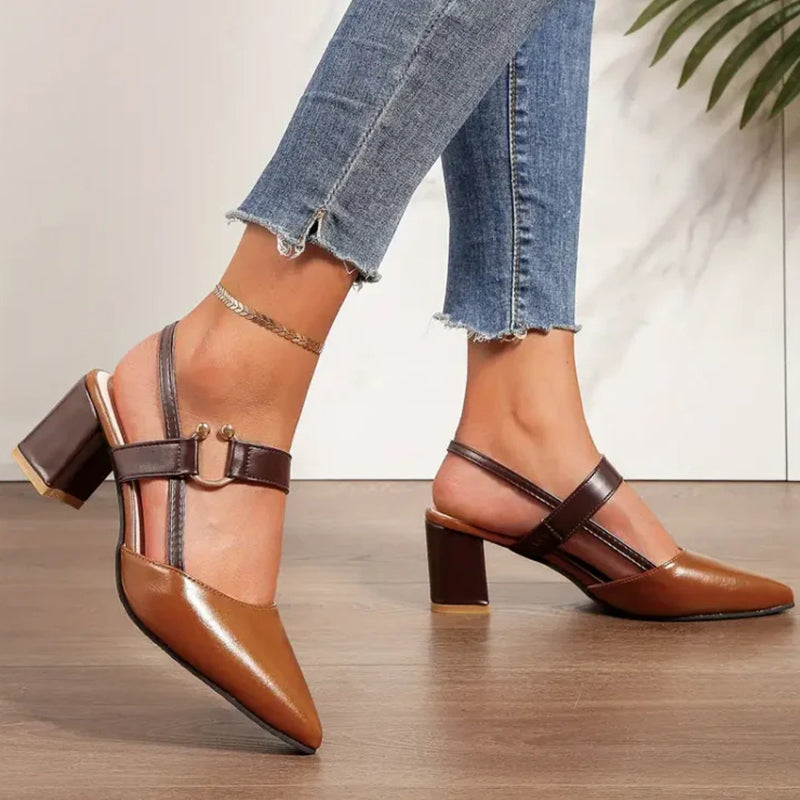 🔥Last Day Promotion 50% OFF - Women's Pointed Toe Block Leather High Heel Sandals