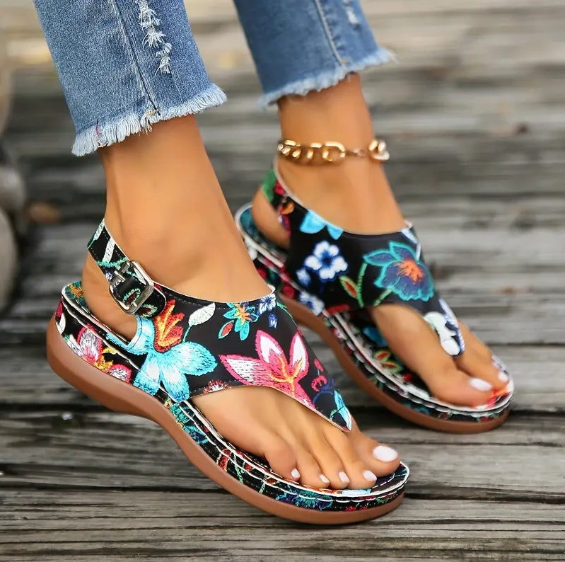 Embroidery Orthopedic Comfy Slipper Wedge Sandals, Walking Leather Sandals